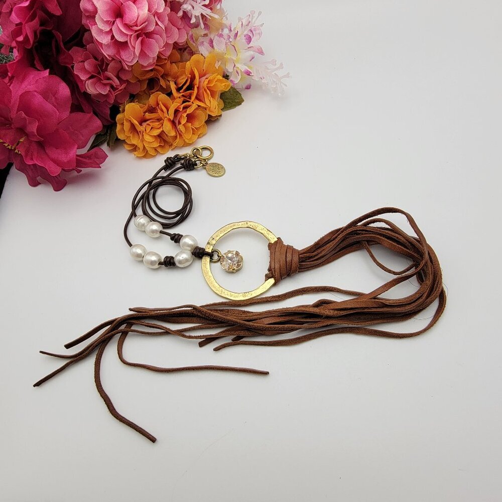 Victoria Lynn Brown Leather Cord White Natural Pearl Long Tassel Necklace Brown